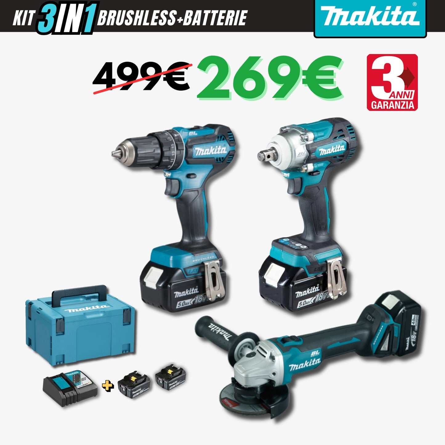 Kit 3in1 Makita: Trapano+Avvitatore+Smerigliatrice